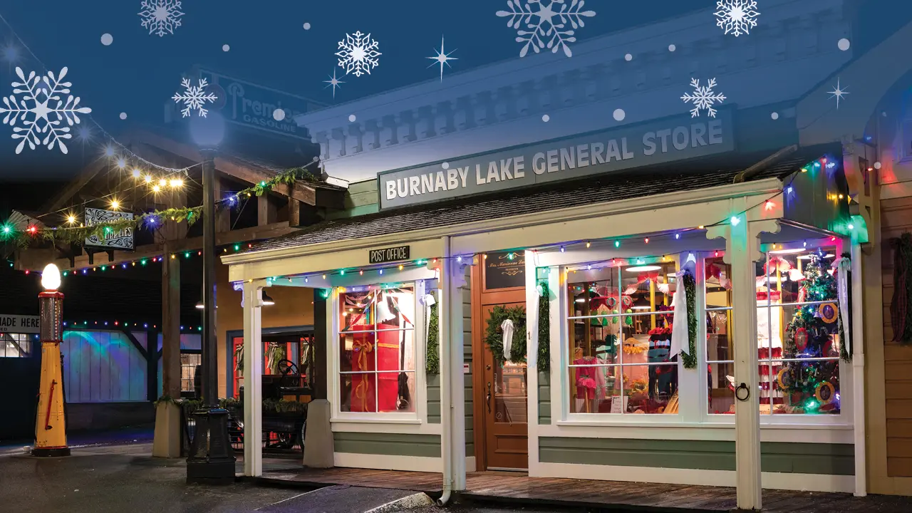 A historical building decorated for the holidays at Burnaby Village Museum’s Heritage Christmas event.