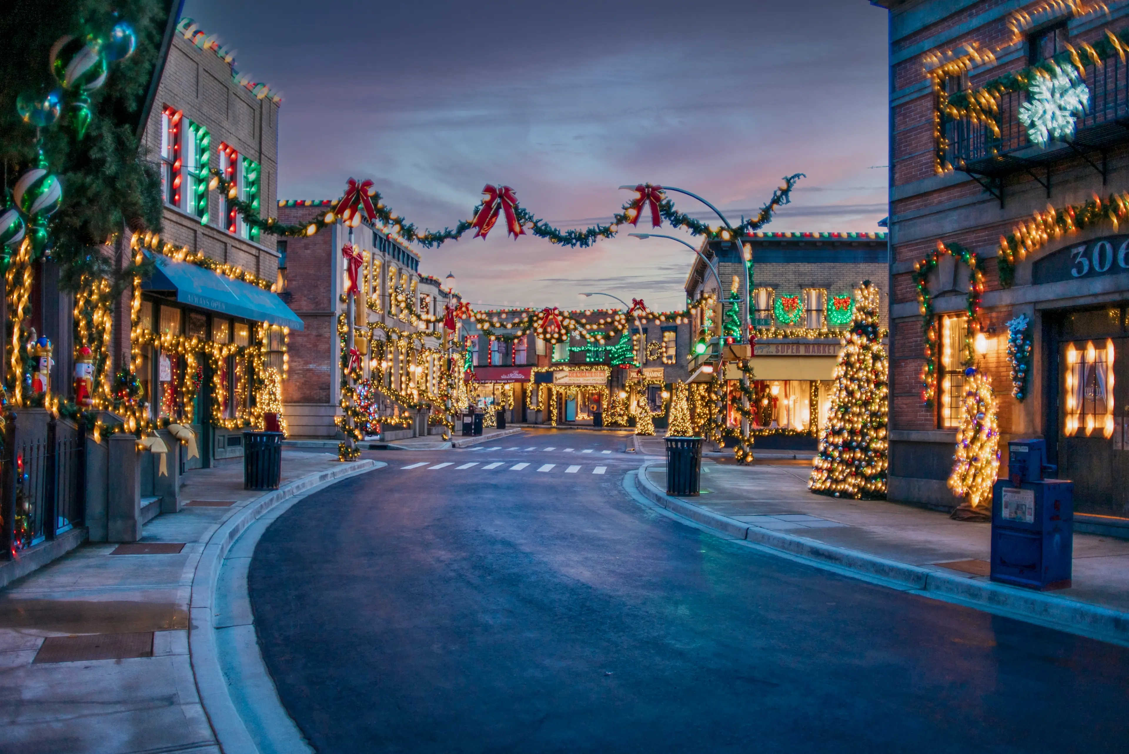 A street decorated with Christmas lights at Martini Town near Vancouver.