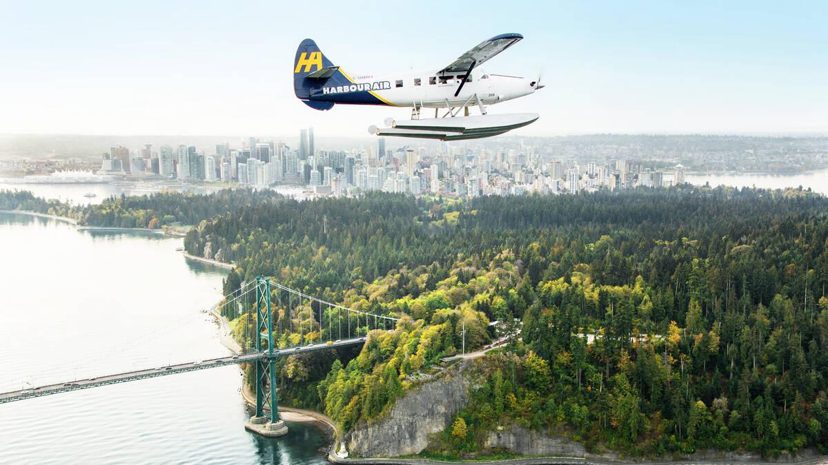 A floatplane soars over Stanley Park.