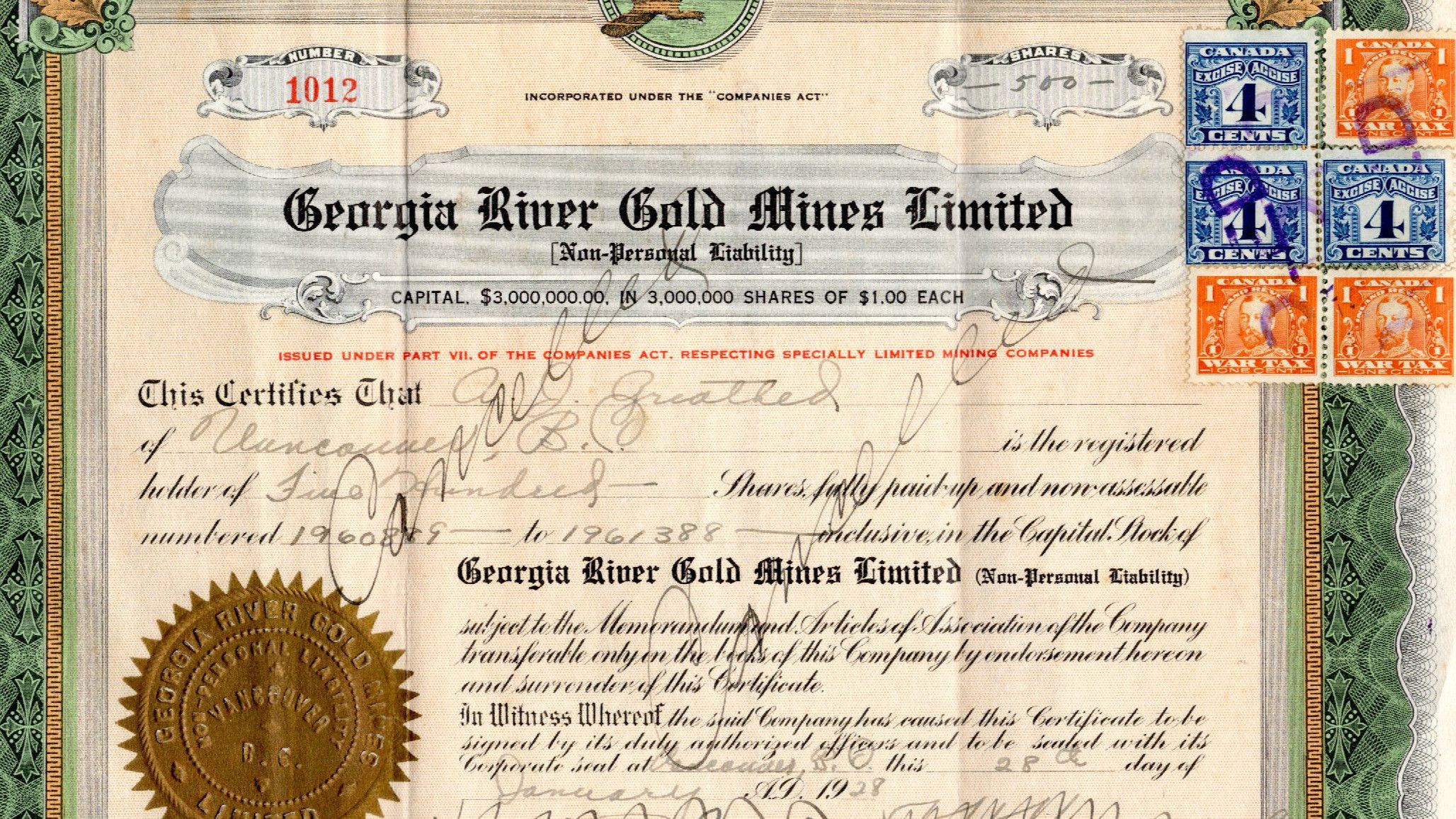 Georgia River Gold Mines Limited stock certificate with handwritten details, gold seal, and Canadian postage stamps on the right.