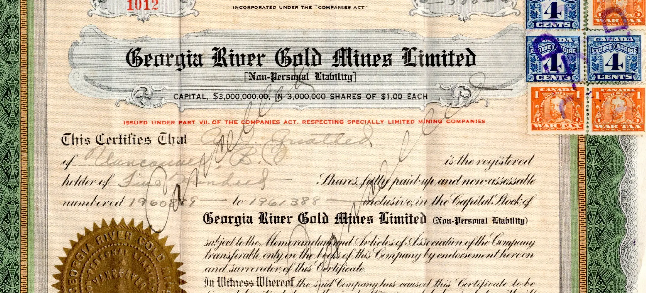 Georgia River Gold Mines Limited stock certificate with handwritten details, gold seal, and Canadian postage stamps on the right.