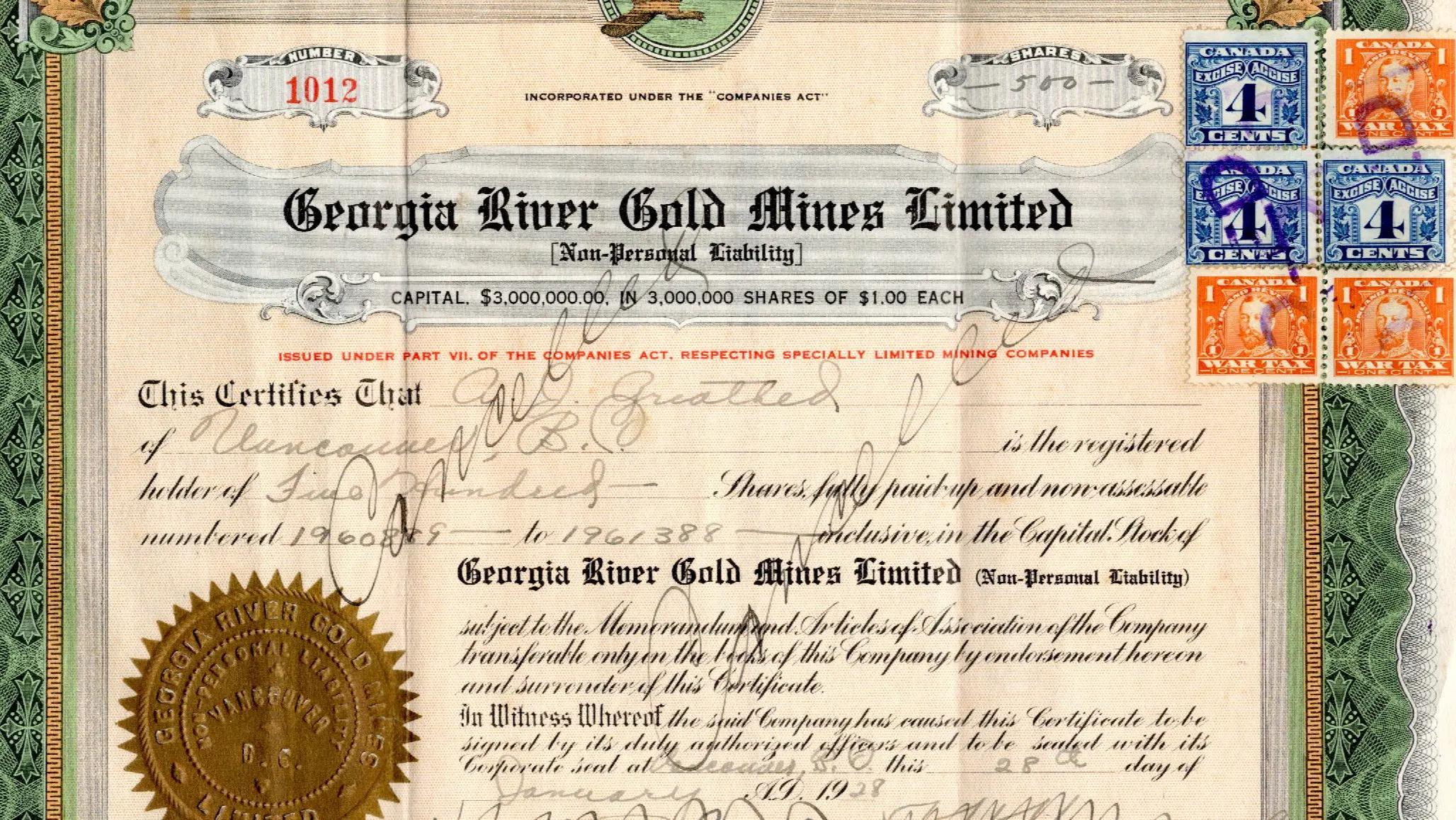 Georgia River Gold Mines Limited stock certificate with handwritten details, gold seal, and Canadian postage stamps on the right.