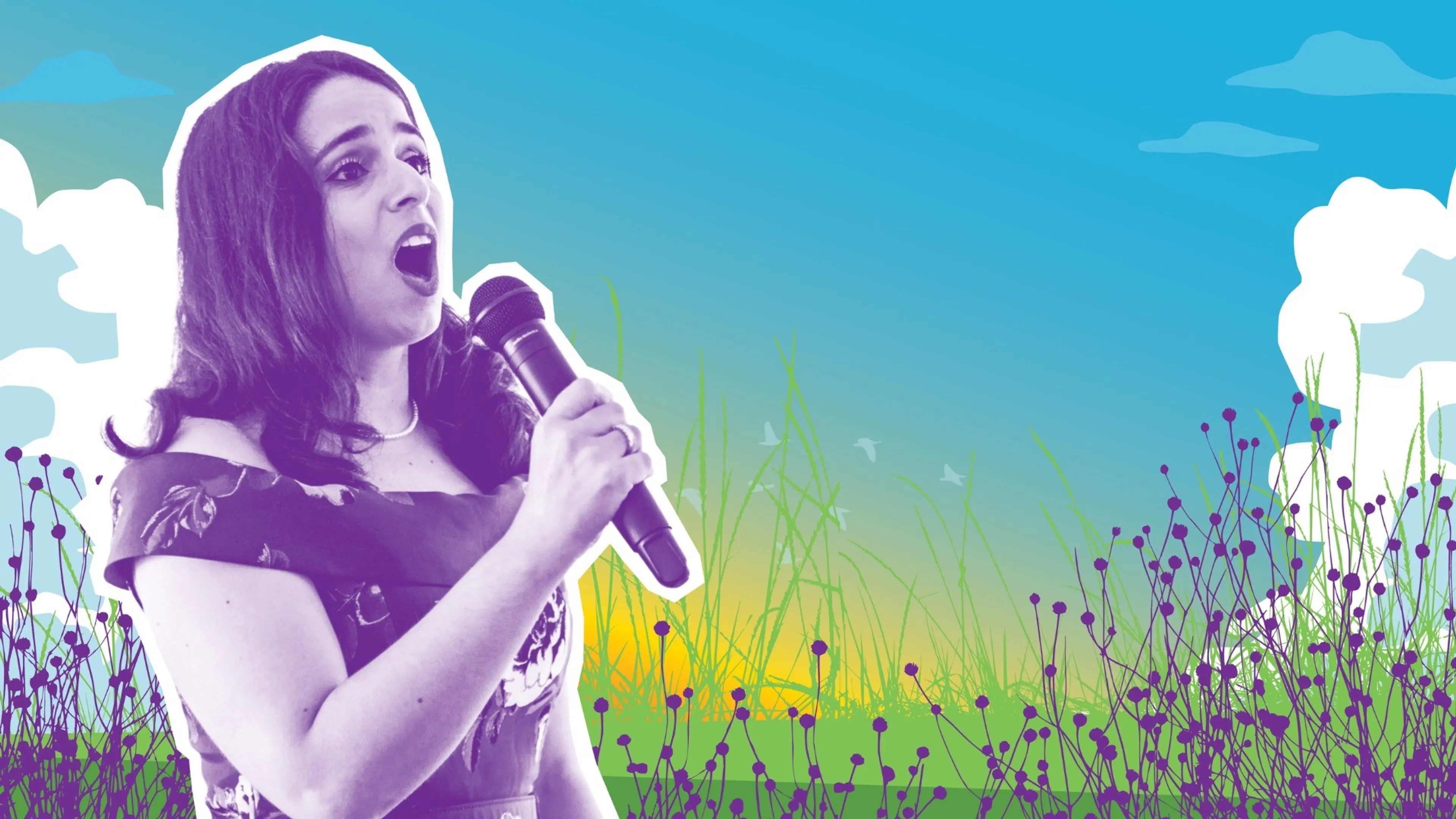 Person singing into a microphone with a colorful illustrated background of grass, flowers, and a blue sky with clouds.