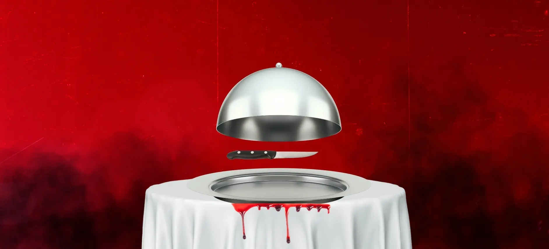 Silver cloche lifted above a knife on a silver tray with red liquid dripping from the tray edge on a white tablecloth against a red background.