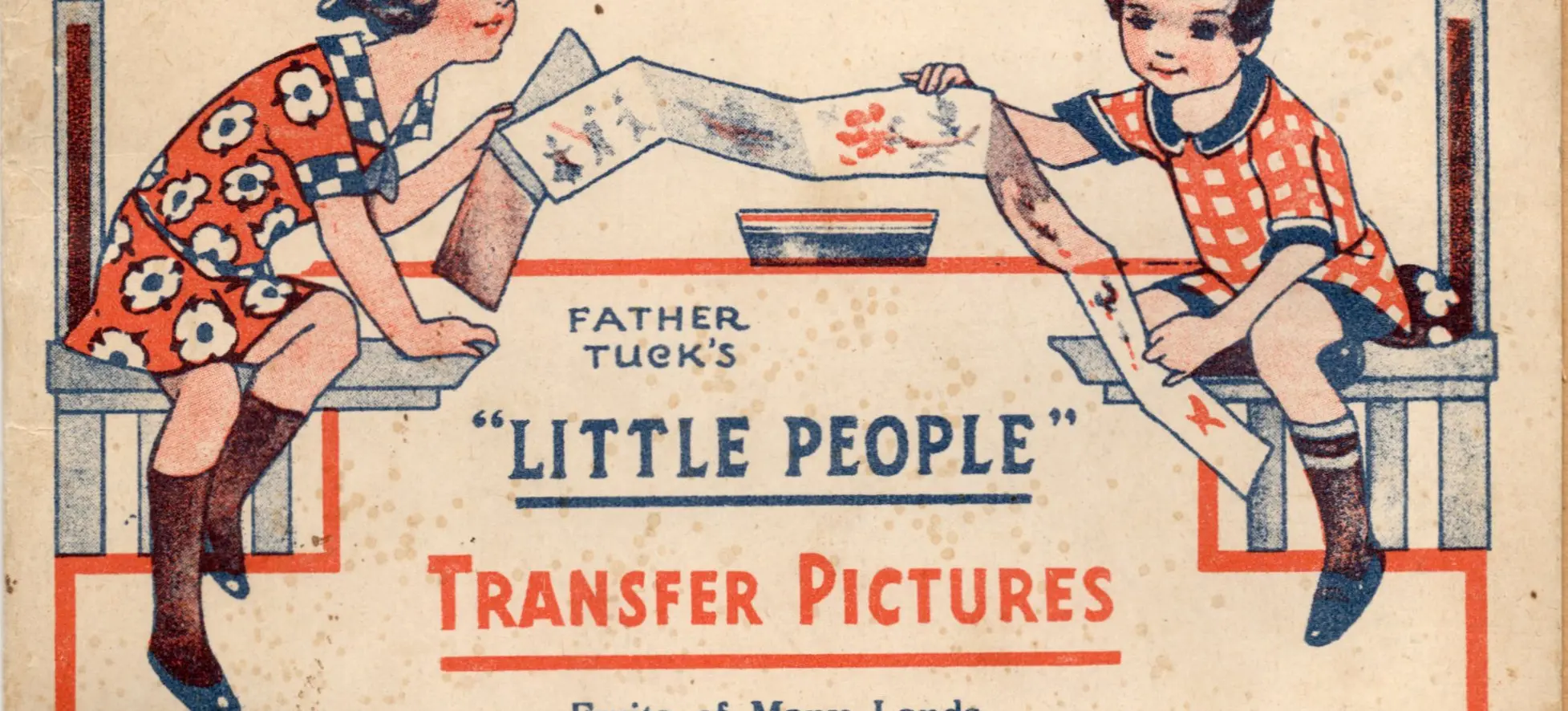 Two children sitting on benches holding a long strip of transfer pictures with text about Father Tuck's Little People Transfer Pictures, Fruits of Many Lands, Series 701.