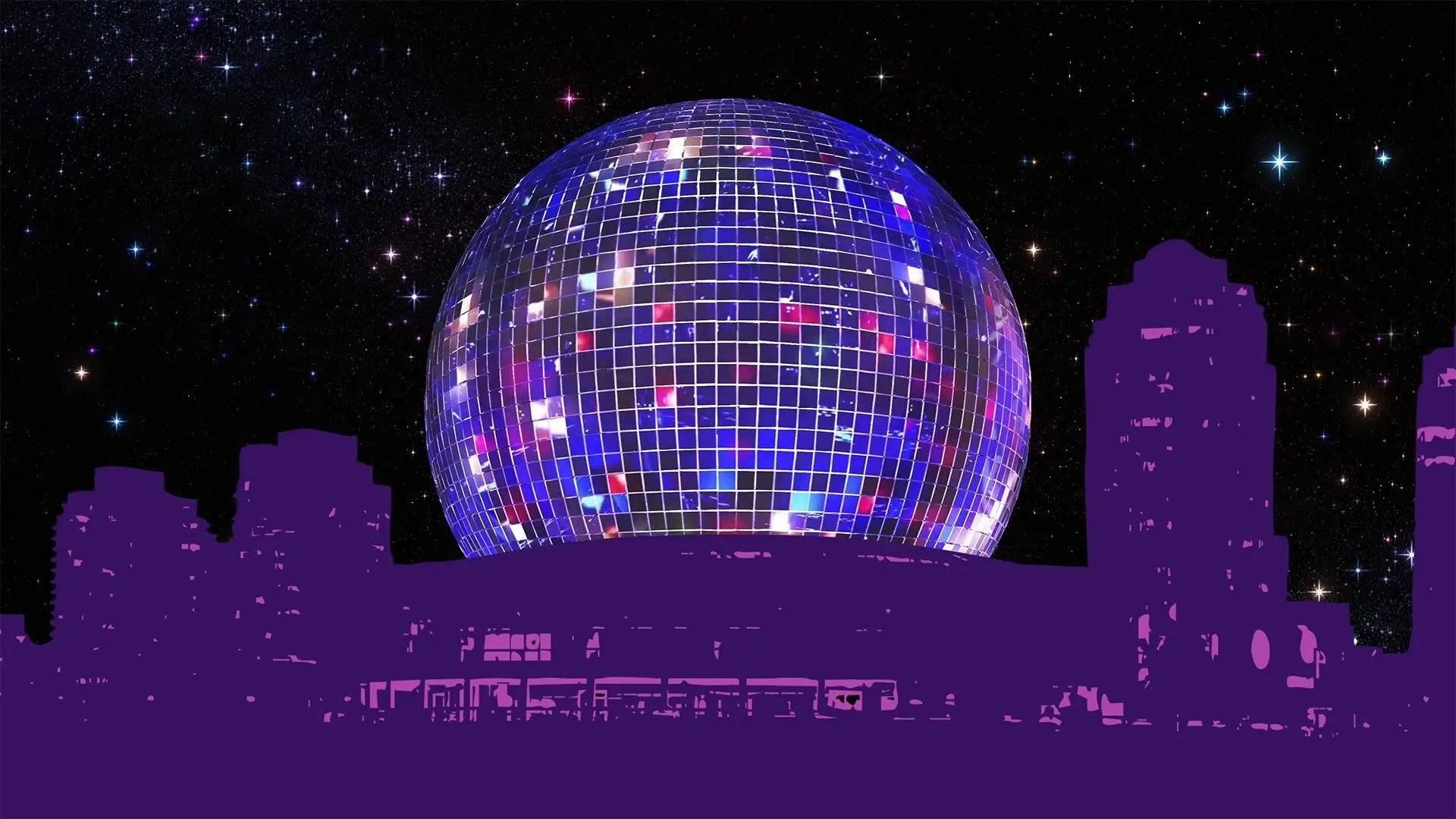 A mirrorball with a lavender cityscape as part of Science World After Dark: Eras Edition