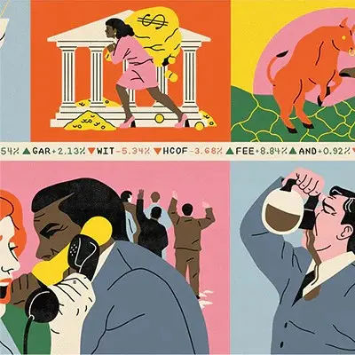 Four-panel illustration showing a person carrying a large money bag in front of a bank, a bull on a green and pink background, two people talking on a yellow phone with a crowd behind, and a person drinking coffee from a pot.