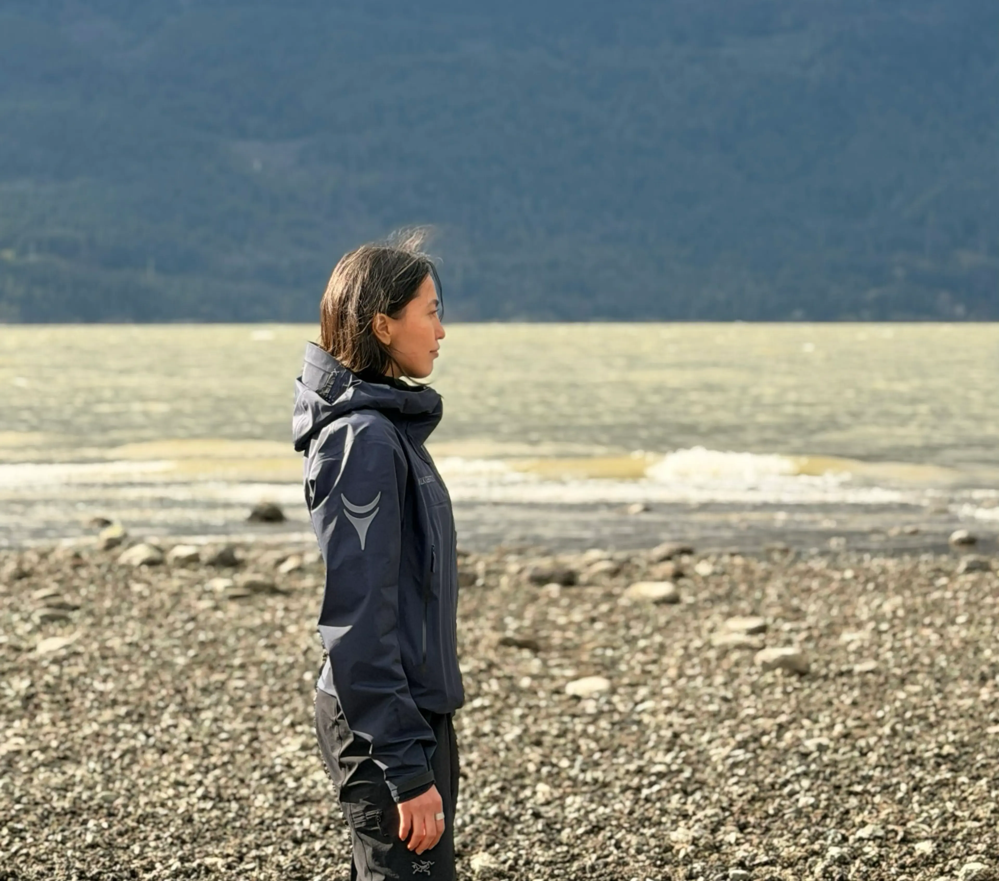 Person in a dark jacket standing on a rocky shore facing a body of water with mountains in the background.