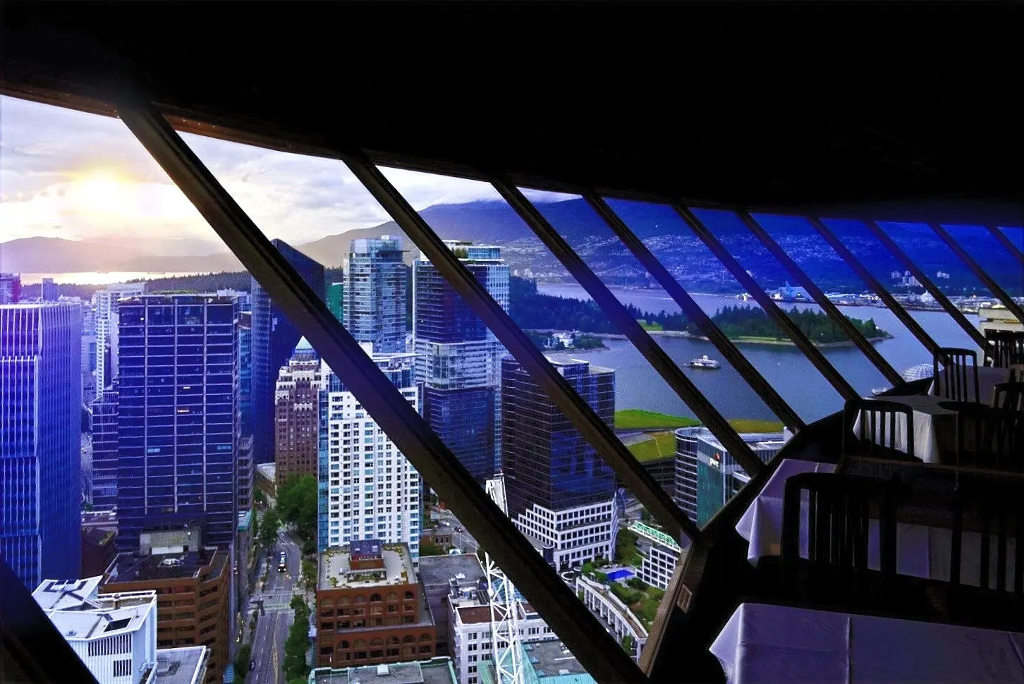 Looking out at the city through the windows in the Top of Vancouver Revolving Restaurant.